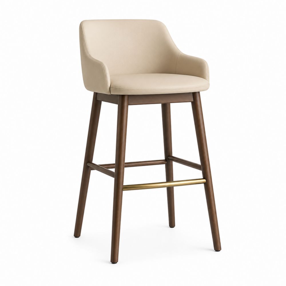 Tabouret de bar en bois avec siège en cuir synthétique Beige et repose-pieds en métal