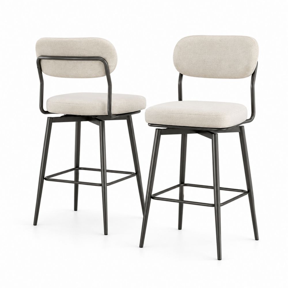 Tabourets de bar en tissu beige et métal noir, ensemble de 2