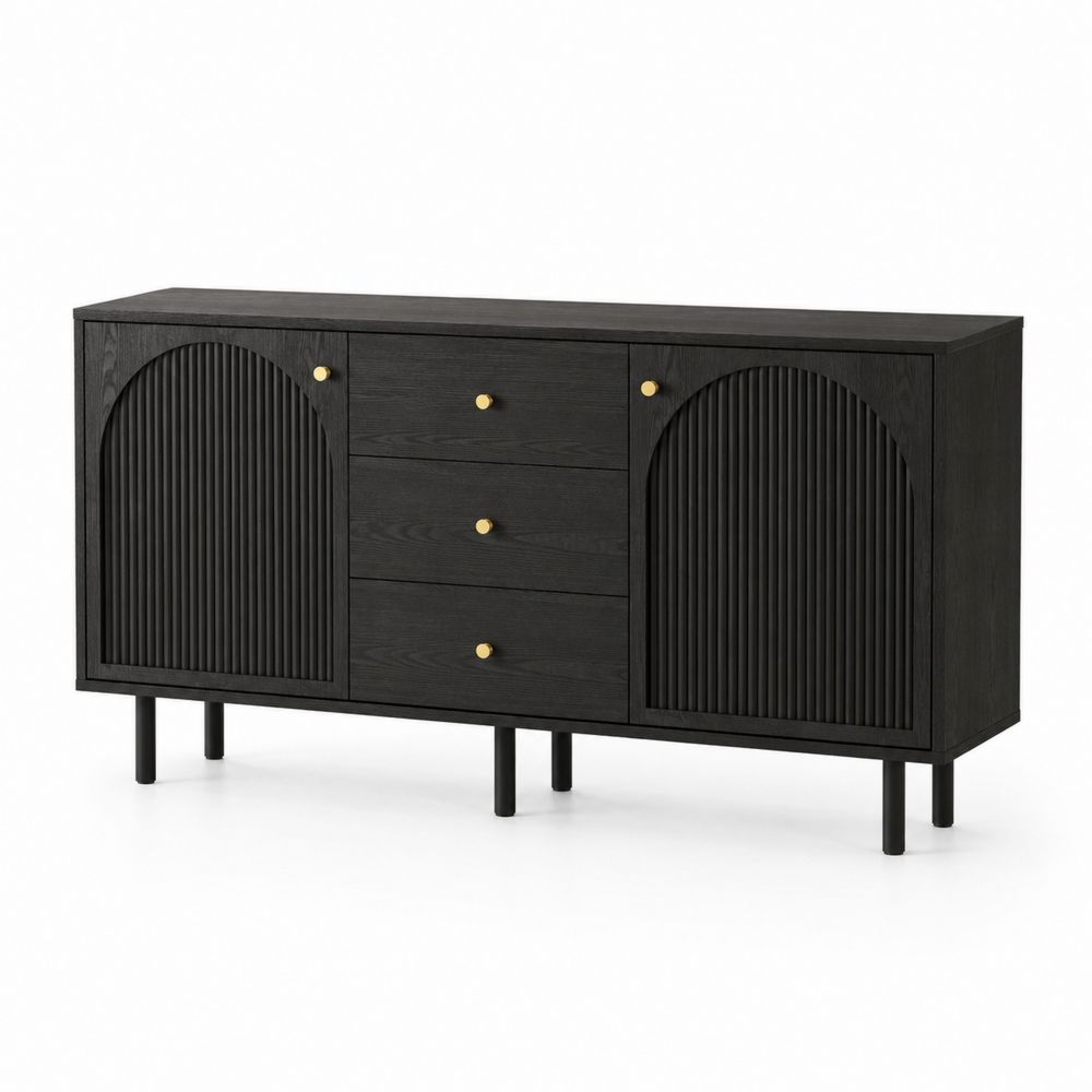 Buffet en bois avec portes cintrées noires et poignées en laiton