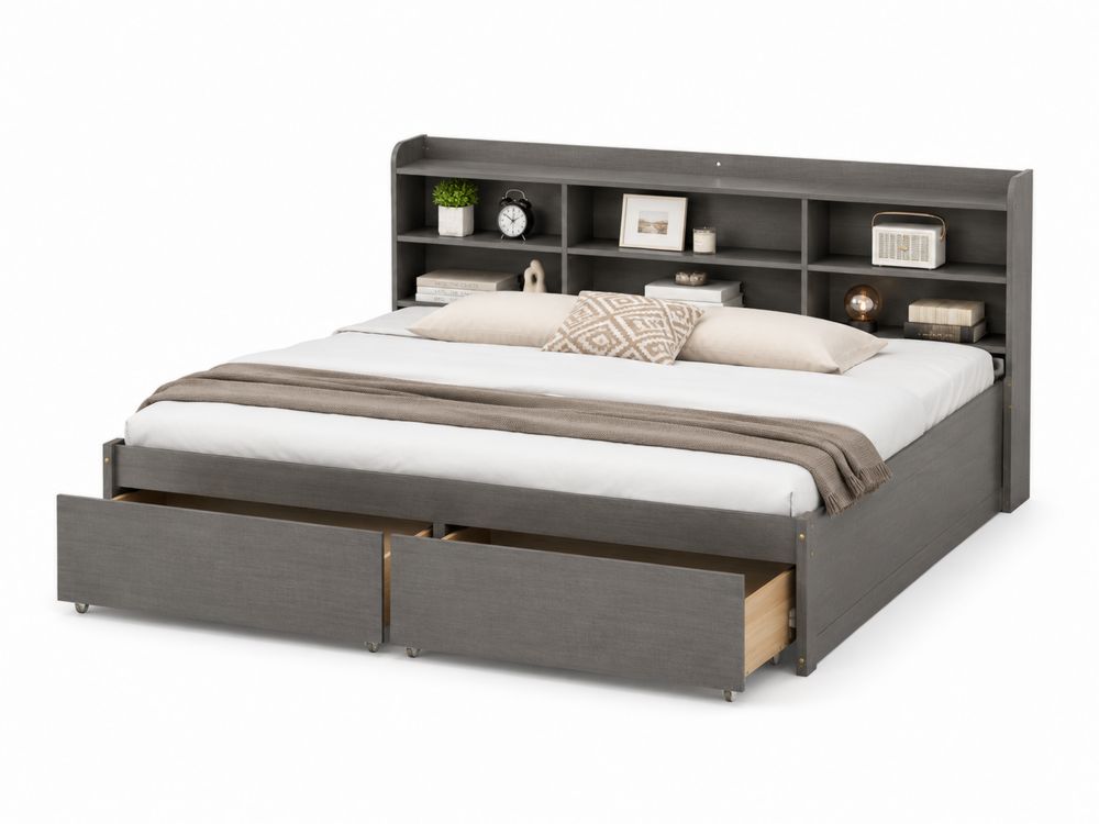 Lit double avec tiroirs et étagères en bois gris