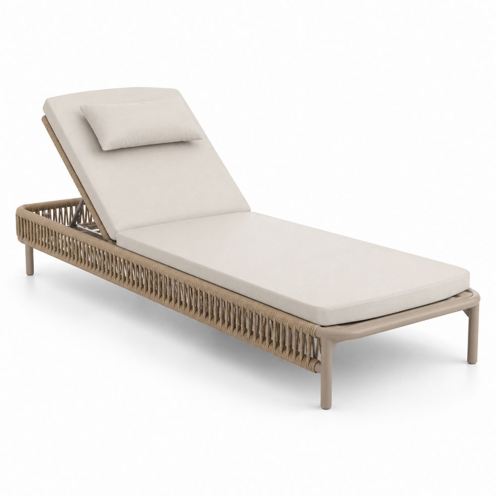 Chaise longue extérieure en métal avec coussins beige