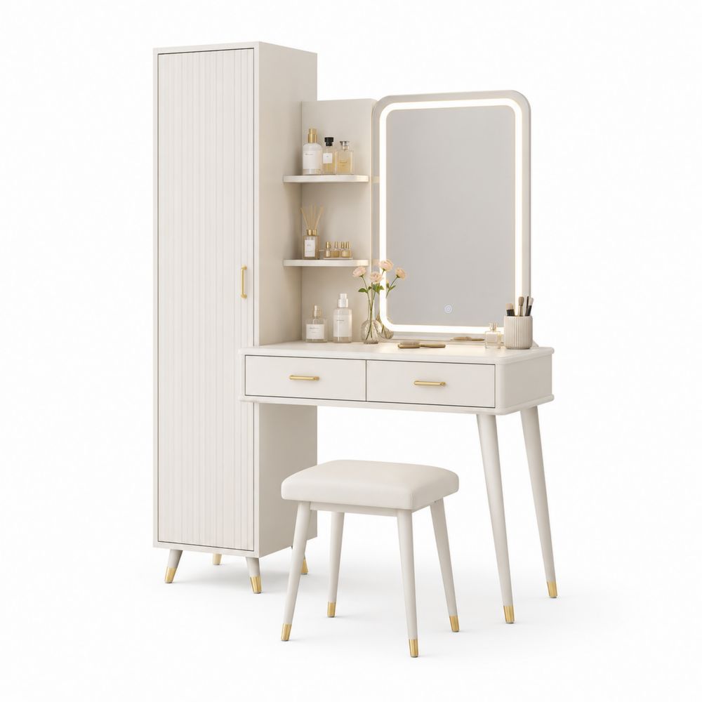 Coiffeuse en bois avec miroir LED et tabouret Blanc