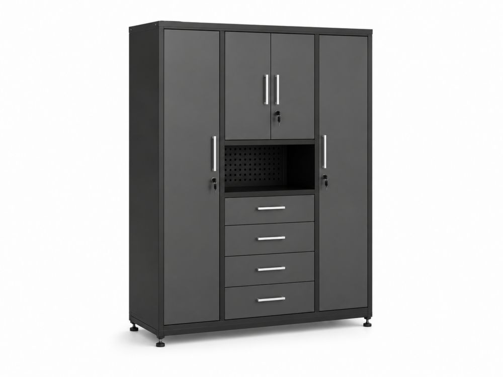 Armoire de rangement en métal avec portes et tiroirs Gris