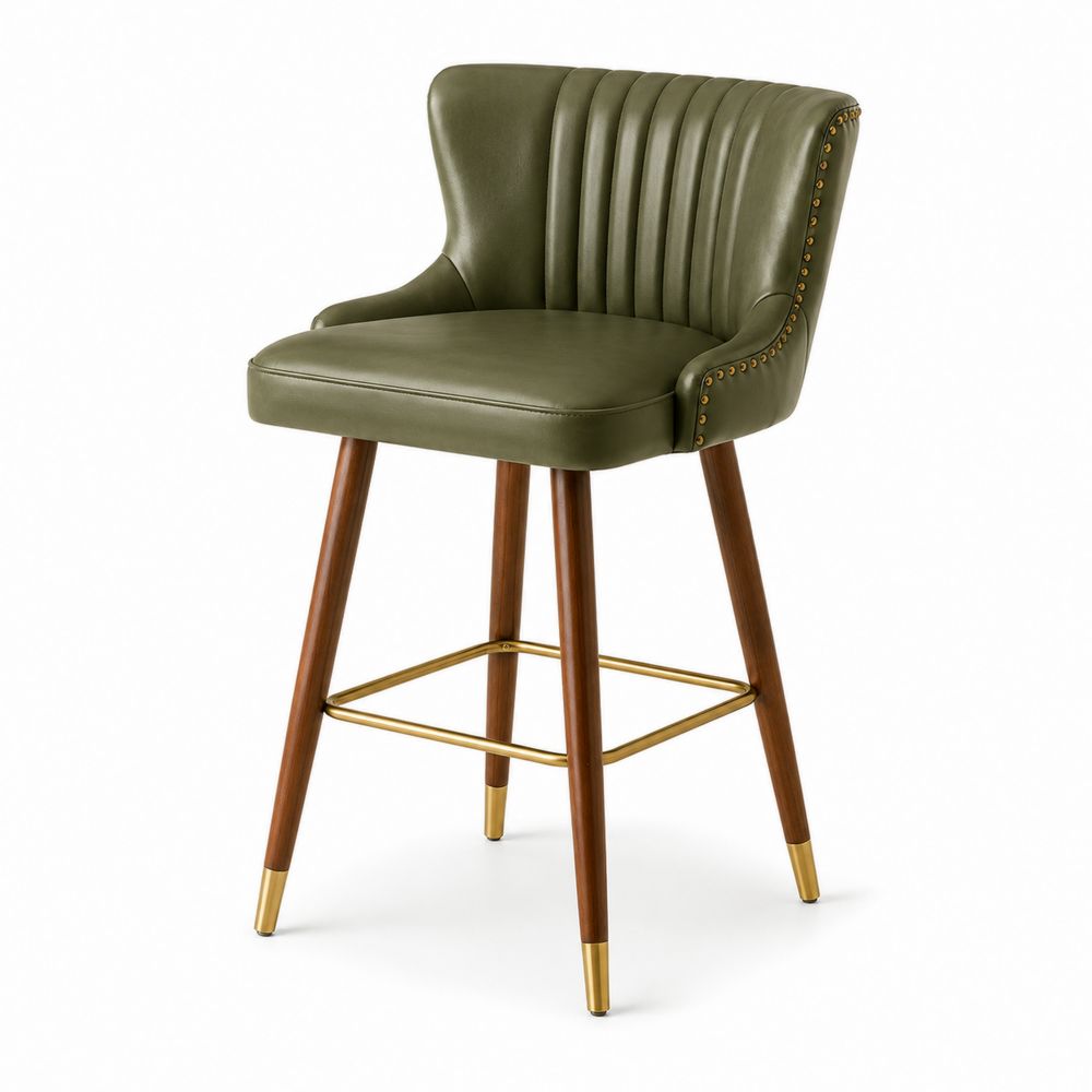 Tabouret de bar cuir synthétique vert pieds bois massif
