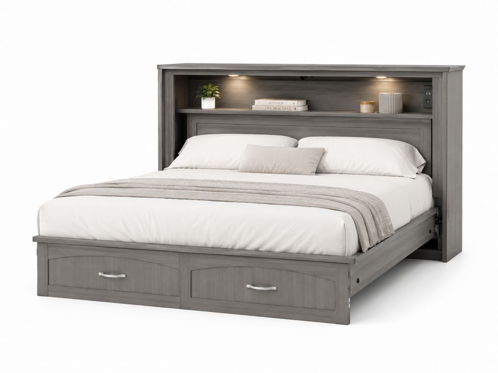 Lit en bois gris avec rangements et éclairage LED 160x200 cm