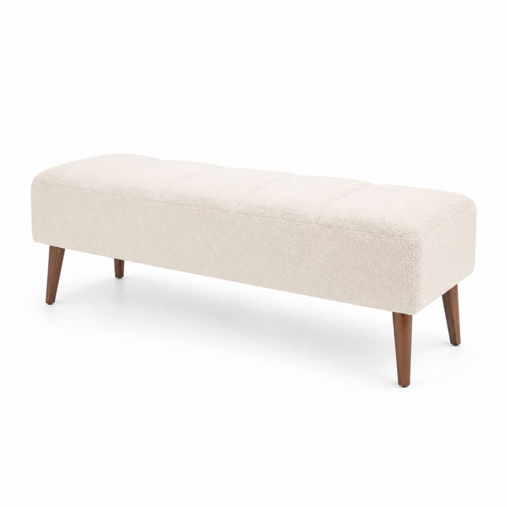 Banc rectangulaire en tissu bouclé avec pieds en bois 150x40x45 cm