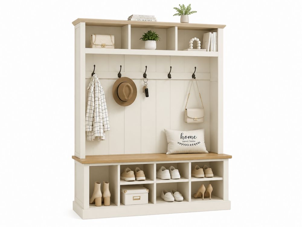 Portemanteau d'entrée avec étagères et banc en bois MDF Blanc/Chêne