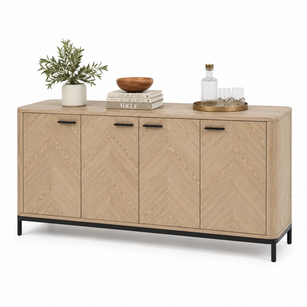 Buffet rectangulaire 4 portes en bois de chêne et métal, 180 cm