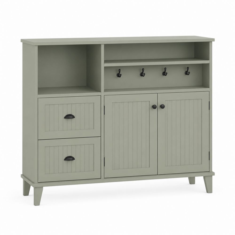 Buffet en bois avec crochets et portes Vert Sauge 110x35x100 cm