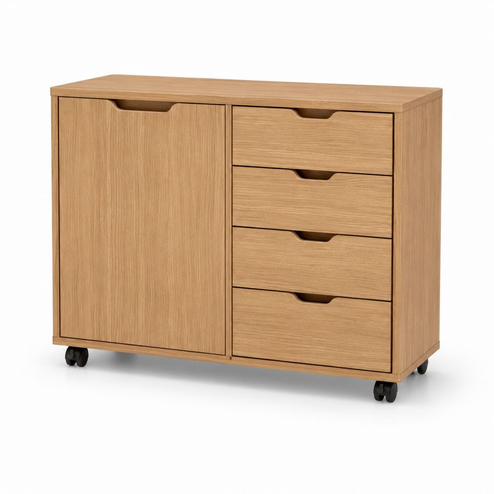 Armoire à roulettes en chêne avec 5 tiroirs et porte
