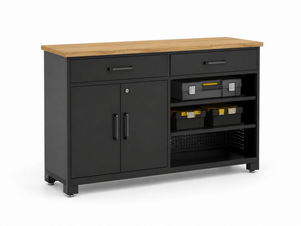 Buffet en métal noir avec plateau en bois
