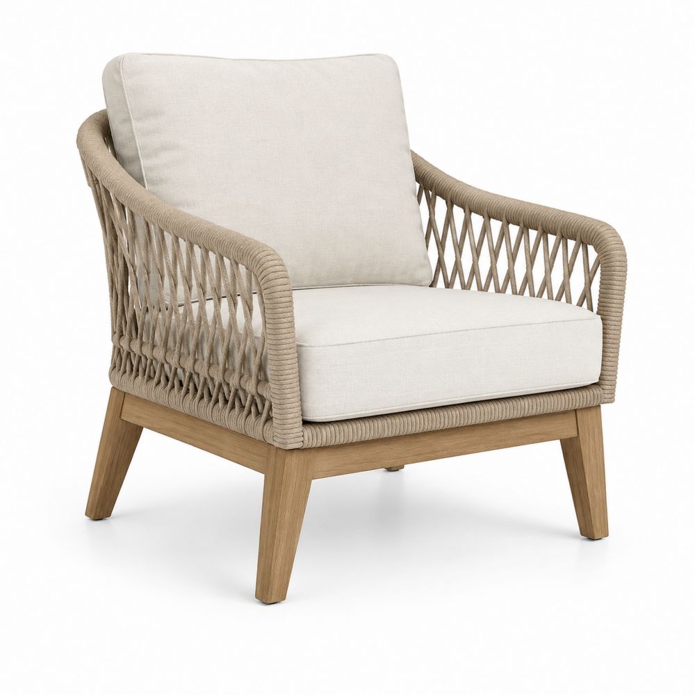 Fauteuil d'extérieur en bois et corde avec coussins en lin