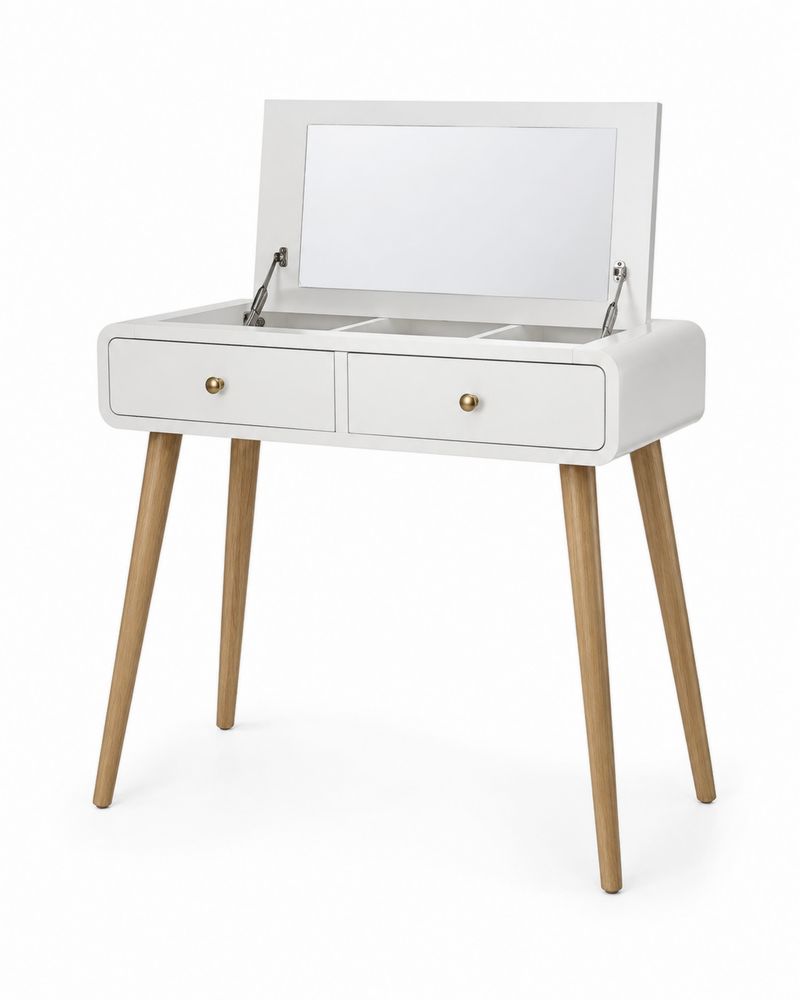 Coiffeuse avec miroir rabattable en bois et pieds en chêne