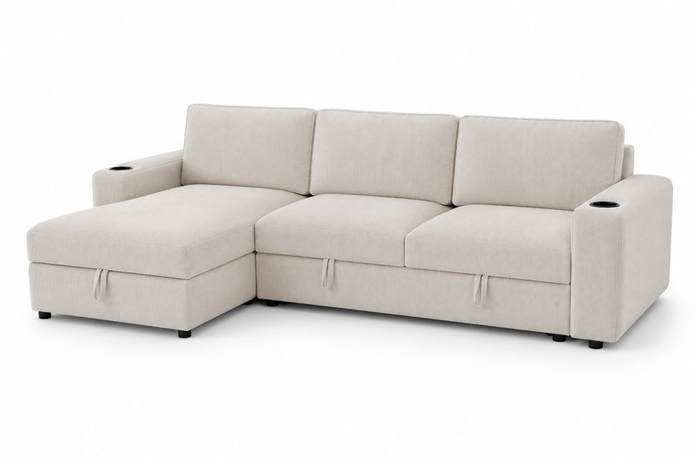 Canapé d'angle en tissu polyester beige avec méridienne 280x160x85 cm