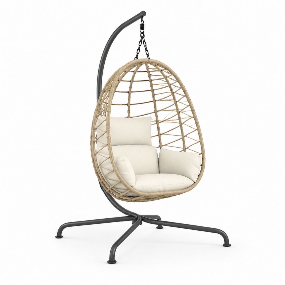 Fauteuil suspendu en rotin synthétique avec coussins crème et support en métal