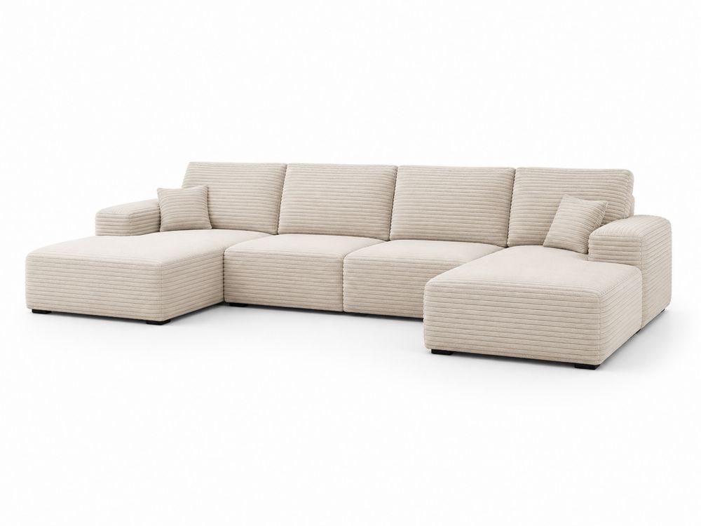 Canapé d'angle en velours côtelé beige avec coussins