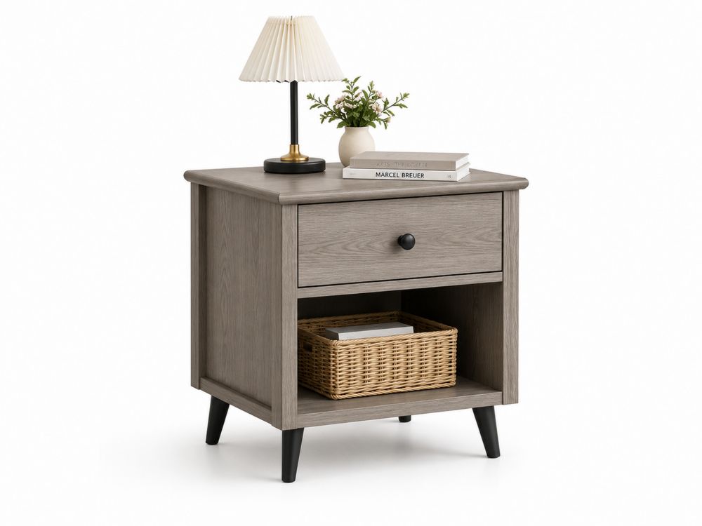 Table de chevet en bois avec tiroir et étagère Gris