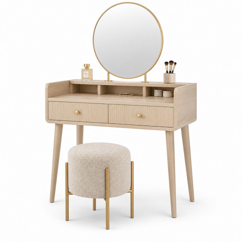 Coiffeuse en bois avec miroir rond et tabouret en tissu beige