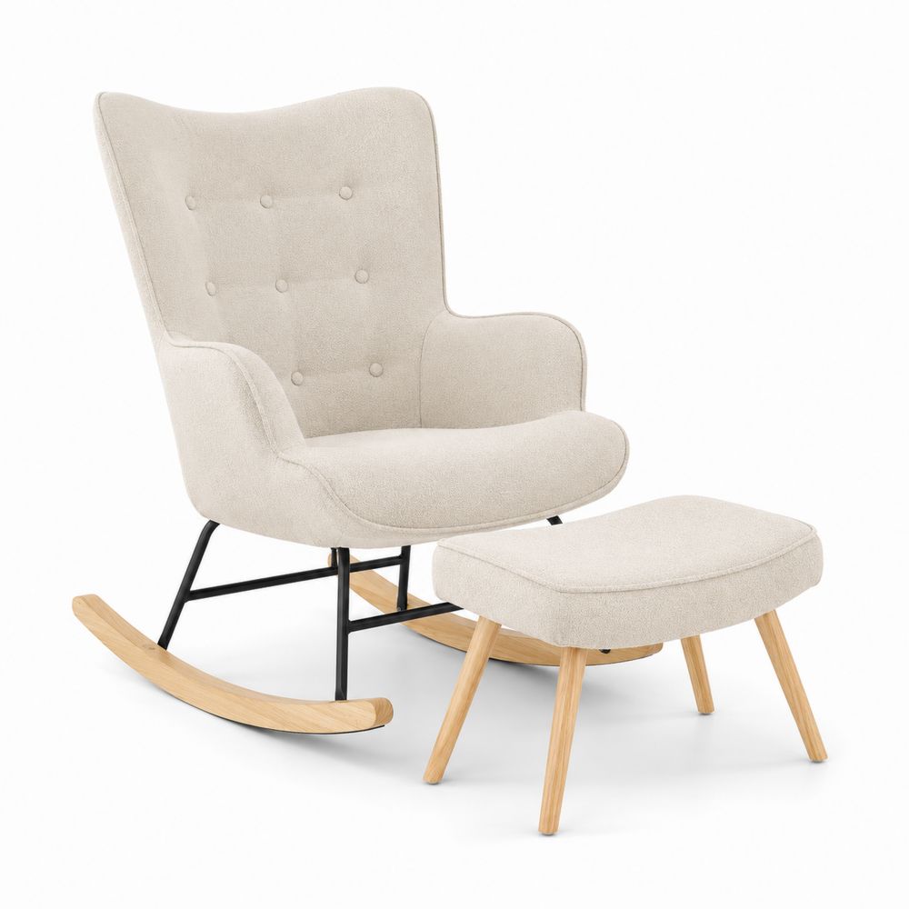 Chaise à bascule et repose-pieds en bois et métal avec tissu beige
