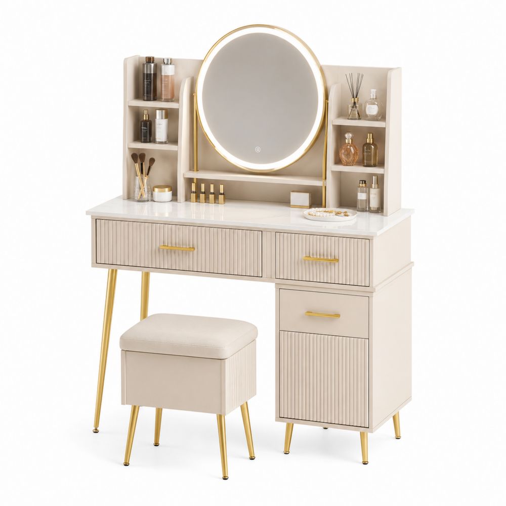 Coiffeuse en Bois avec Miroir LED et Tabouret, Beige et Doré