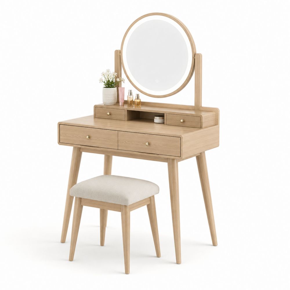 Coiffeuse en bois avec miroir rond LED et tabouret