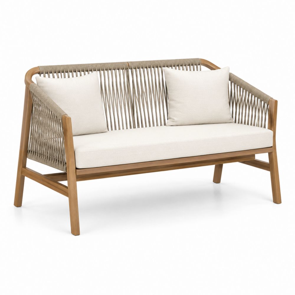 Banc d'extérieur en bois et corde avec coussins