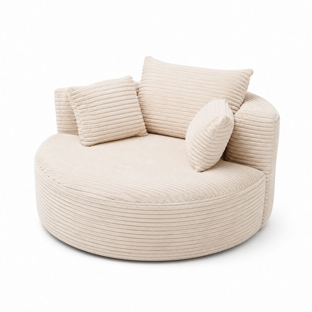 Canapé rond en velours côtelé beige avec coussins