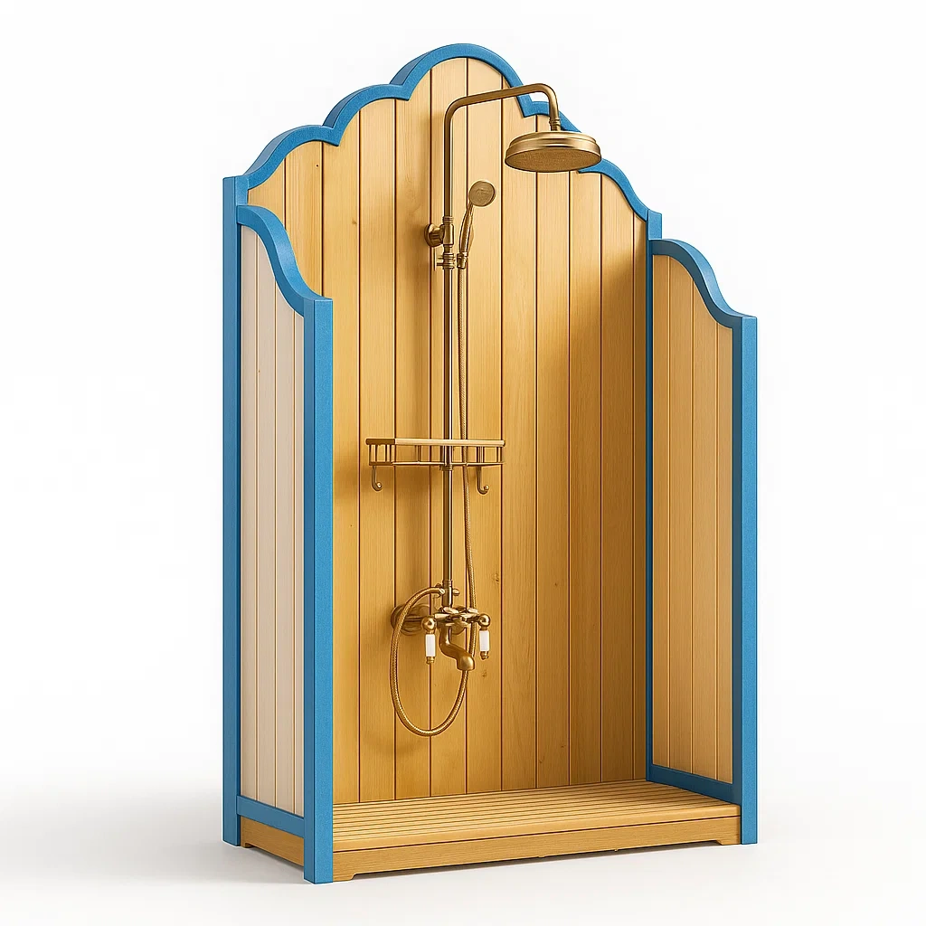 Holz Outdoor Dusche mit Messing Armaturen Naturholz Blau-furnovetra