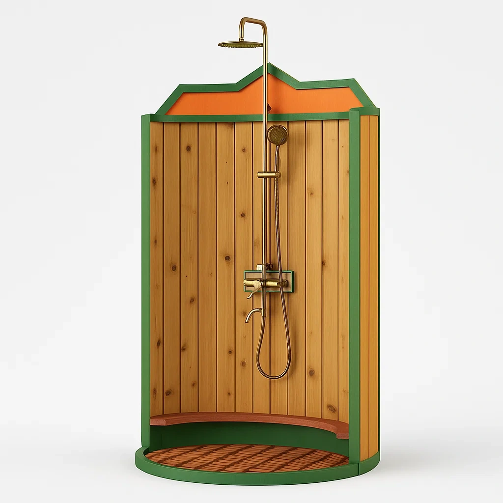Holz-Duschecke für den Außenbereich mit Messing-Armaturen-furnovetra