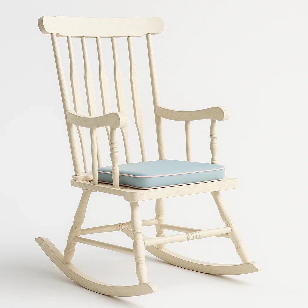 Schaukelstuhl Holz Beige mit Blauem Sitzpolster-furnovetra