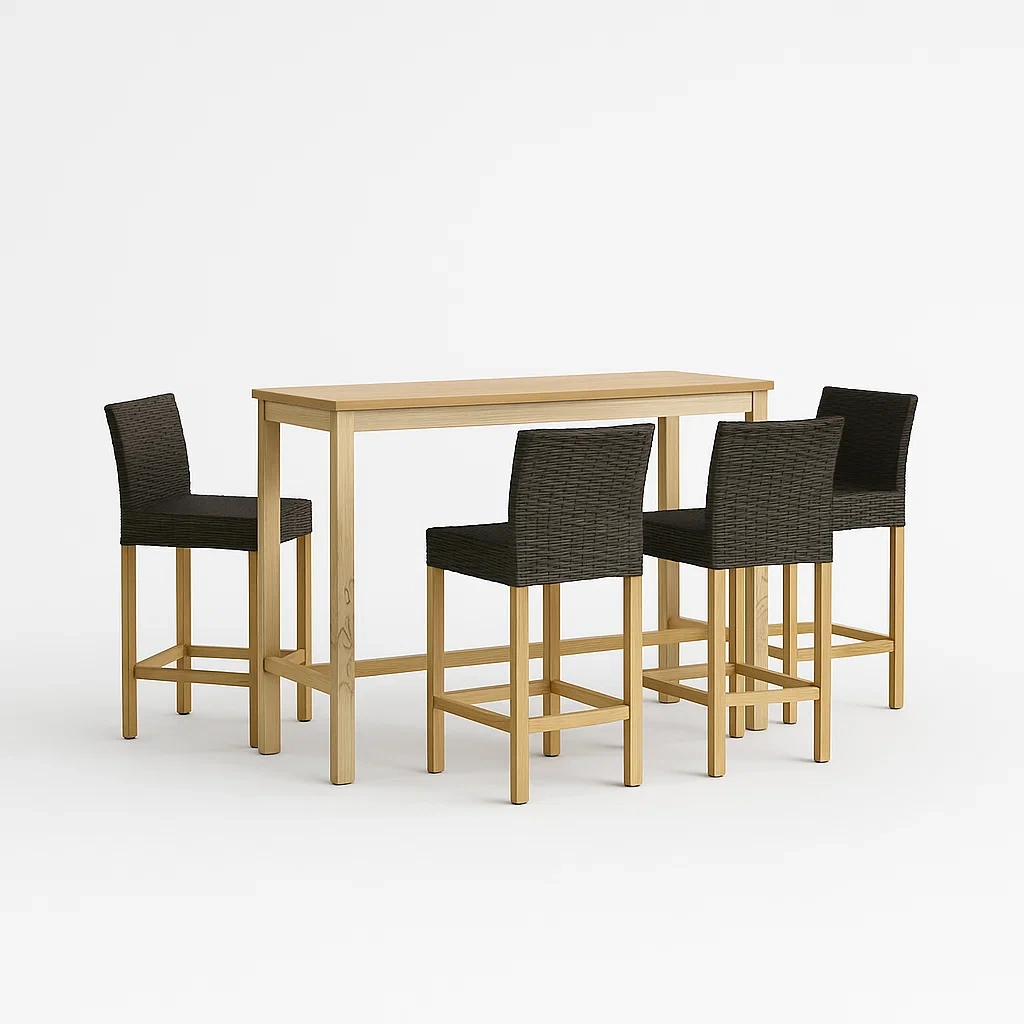 Holz Essgruppe mit vier Rattanstühlen, Natur/Braun, 110x70x105 cm-furnovetra