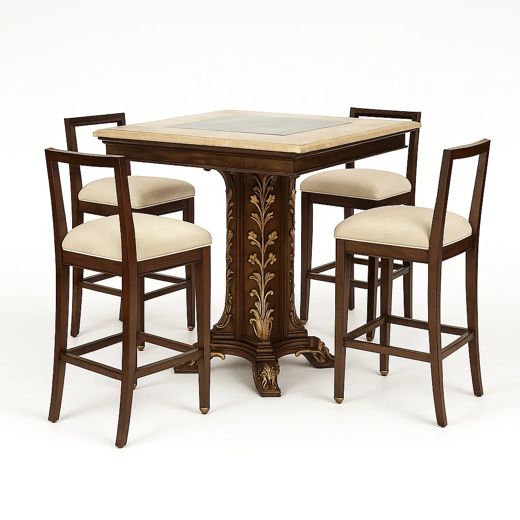 Essgruppe aus Holz mit Leinen, Braun/Beige, Tisch 100x100x110 cm, 4 Hochstühle-furnovetra