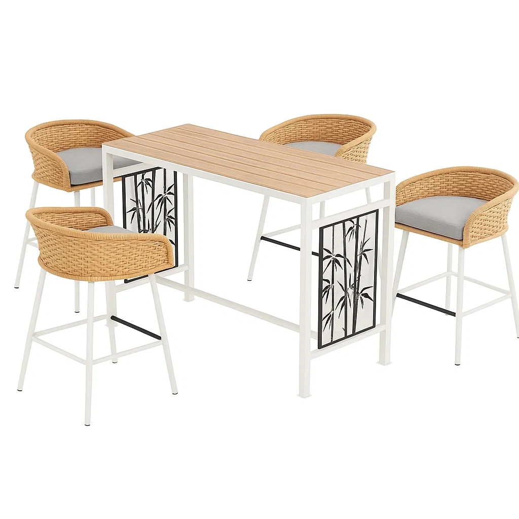 Metalltisch-Set mit Polyholz und 4 Polyethylen-Rattan-Stühlen-furnovetra