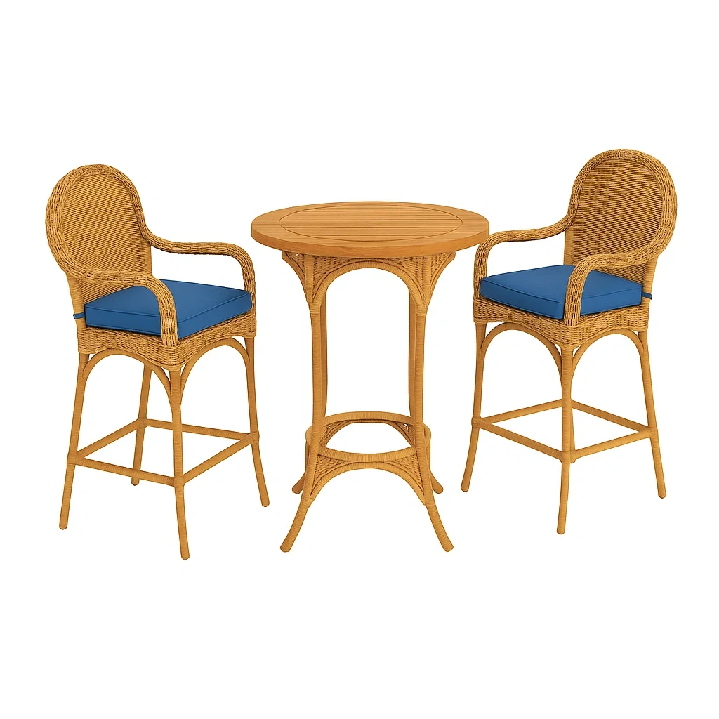 Polyrattan Bar Set mit zwei Hochstühlen und Tisch Natur Blau-furnovetra