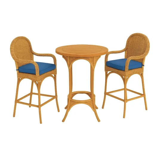 Polyrattan Bar Set mit zwei Hochstühlen und Tisch Natur Blau-furnovetra