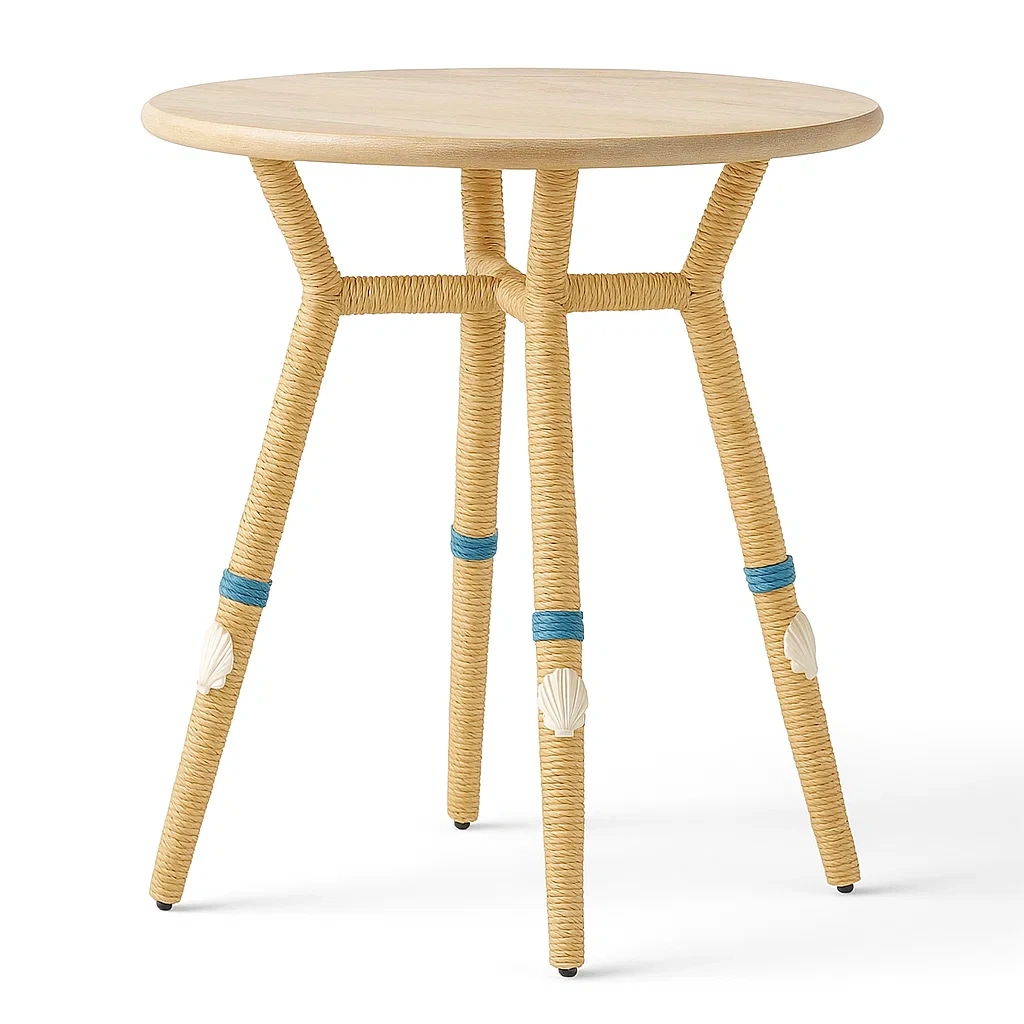 Runder Beistelltisch Holz Sisalseil Beige Blau H60cm-furnovetra