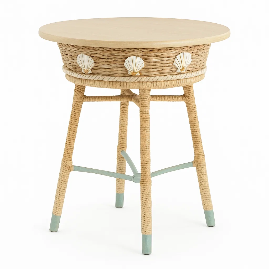 Runder Rattan-Beistelltisch mit Muscheldekor-furnovetra
