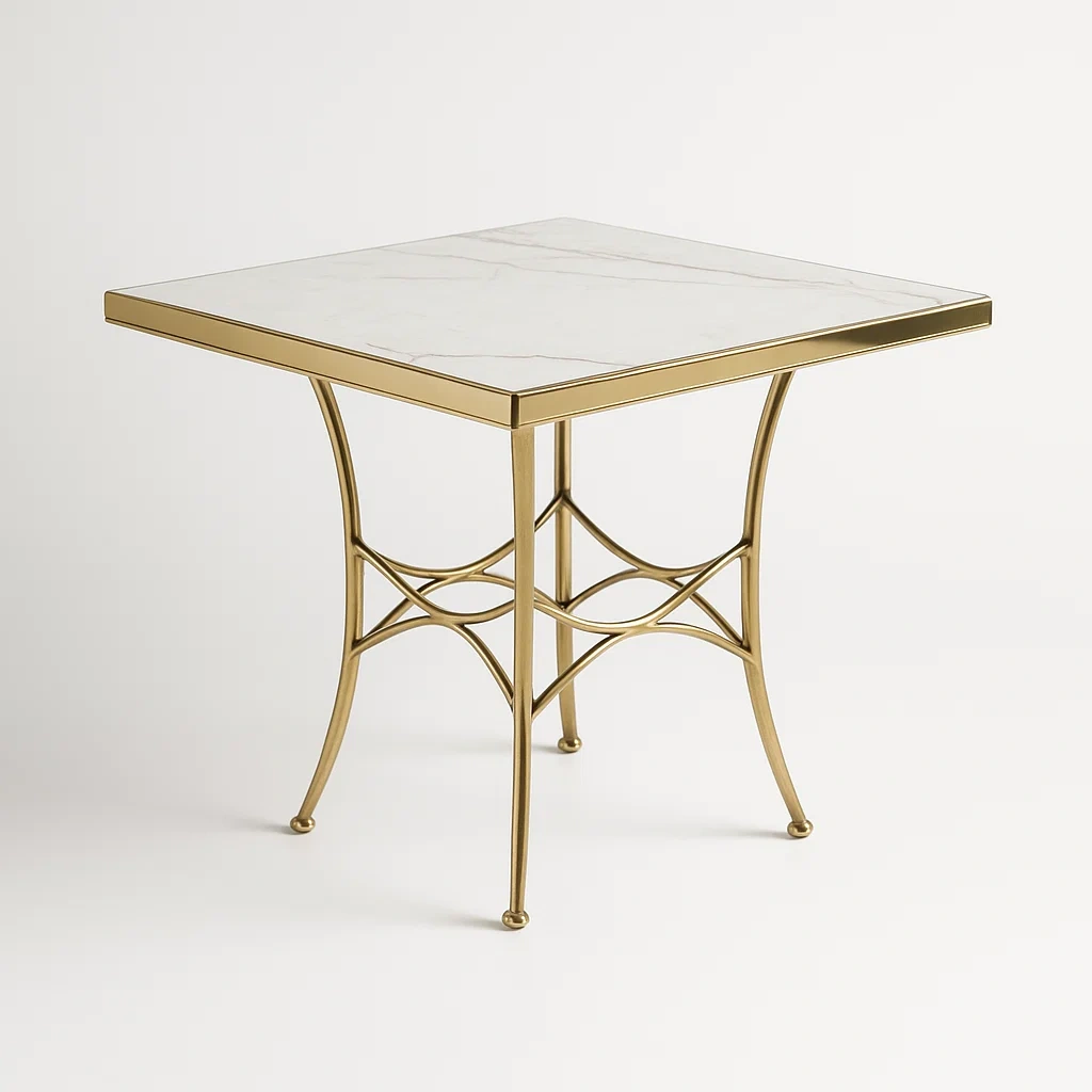Quadratischer Marmor-Beistelltisch mit Metallrahmen in Weiß/Gold-furnovetra