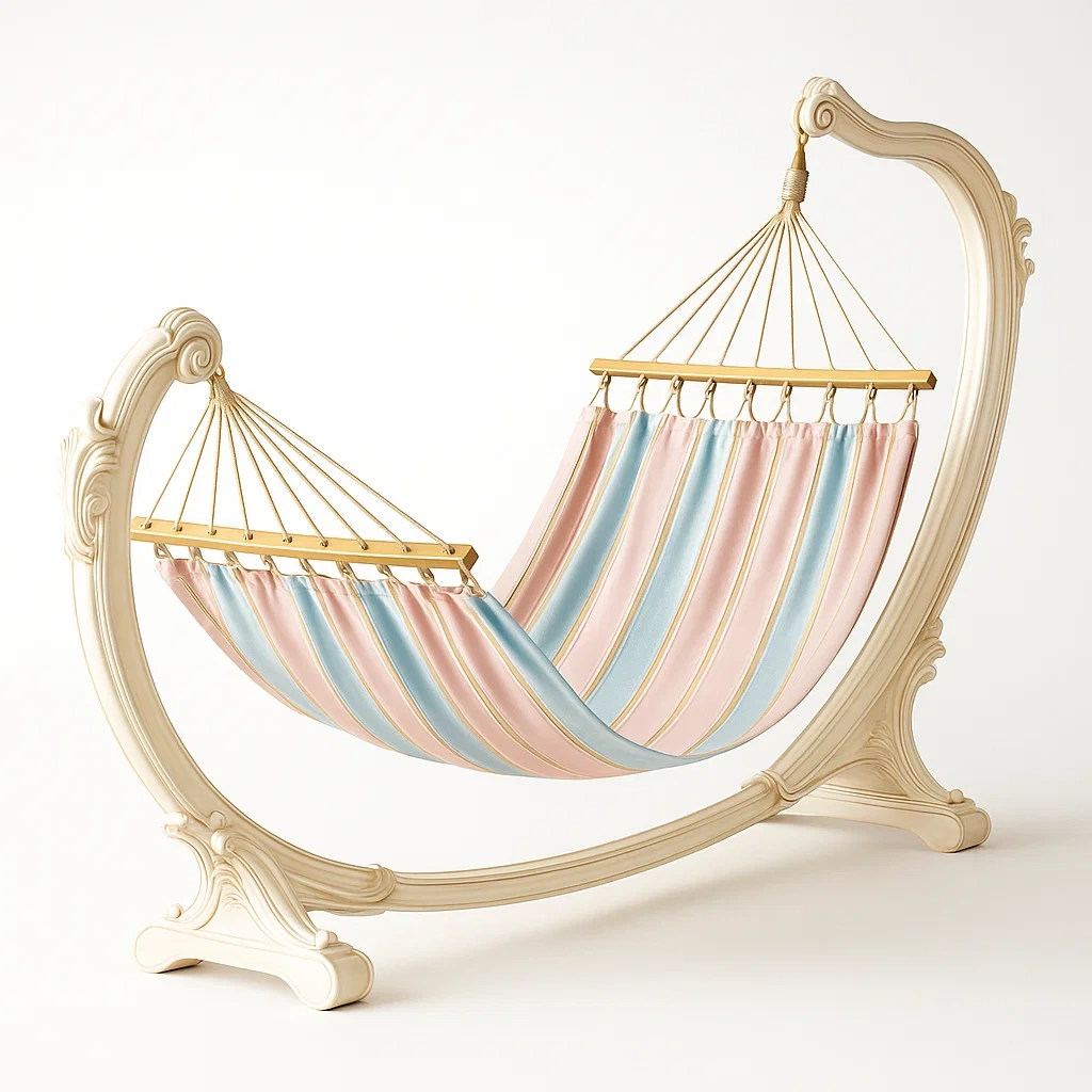Hängematte aus Baumwolle mit Holzgestell in Rosa, Blau und Creme-furnovetra