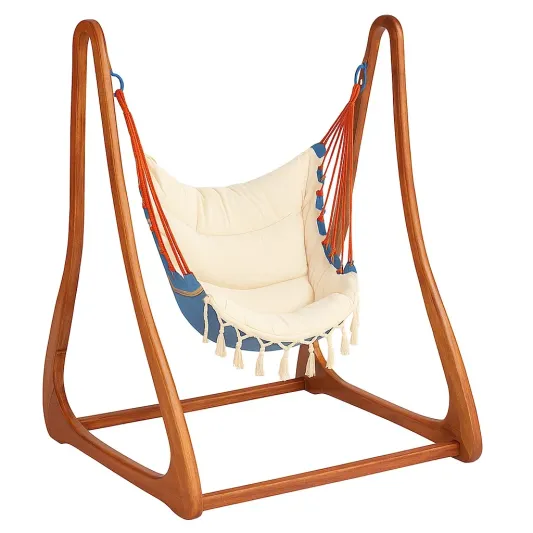 Holz Hängesessel mit Baumwollgewebe Beige/Blau-trivelqor