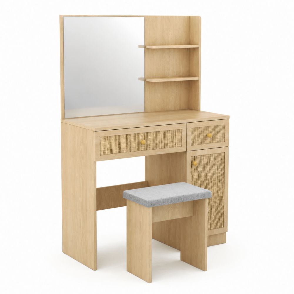 Coiffeuse en bois avec miroir et tabouret - Chêne Clair
