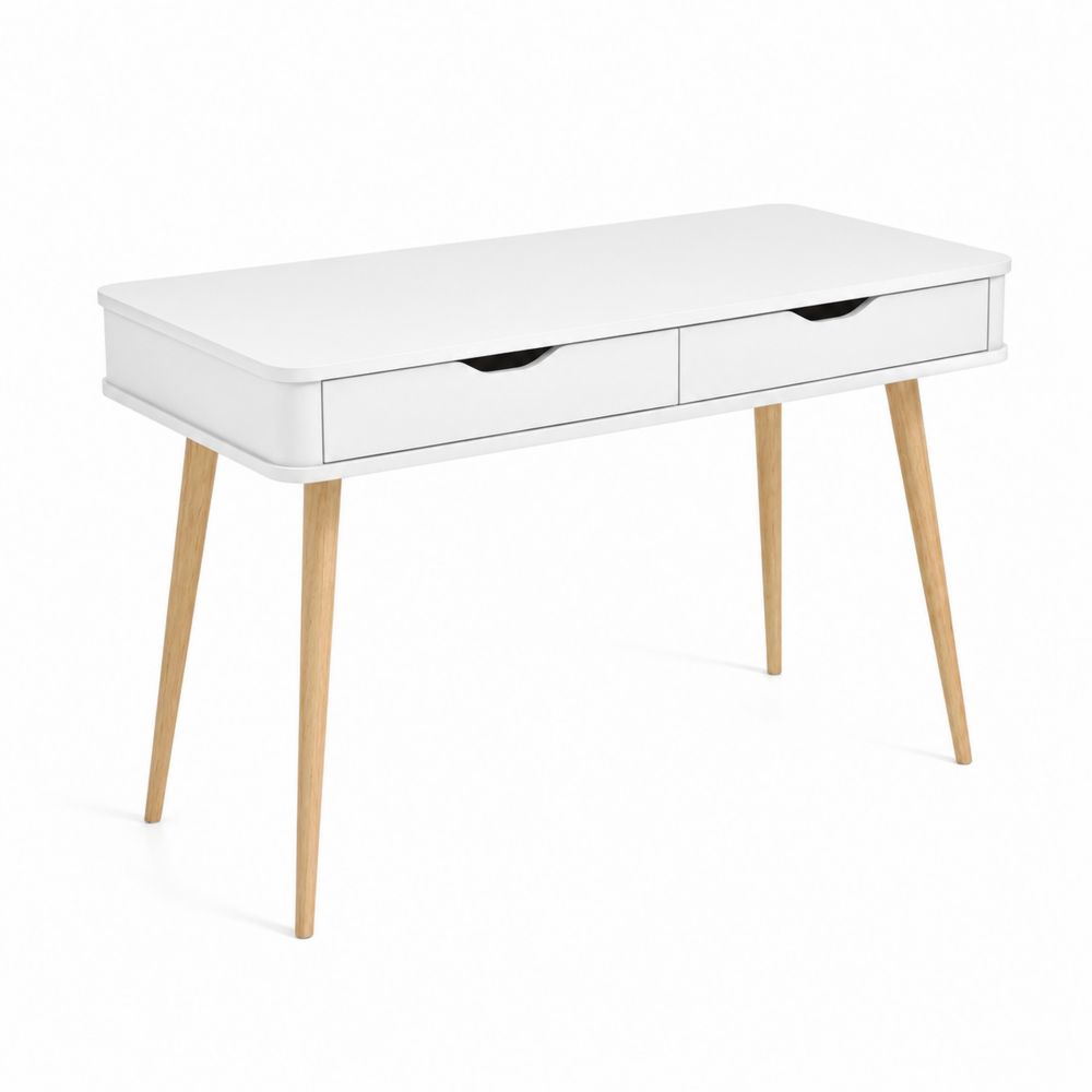 Bureau rectangulaire avec tiroirs en bois blanc et pieds en bois