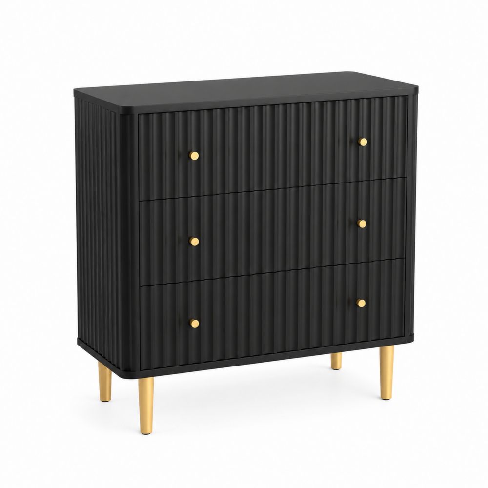 Commode 3 tiroirs en bois noir avec boutons dorés