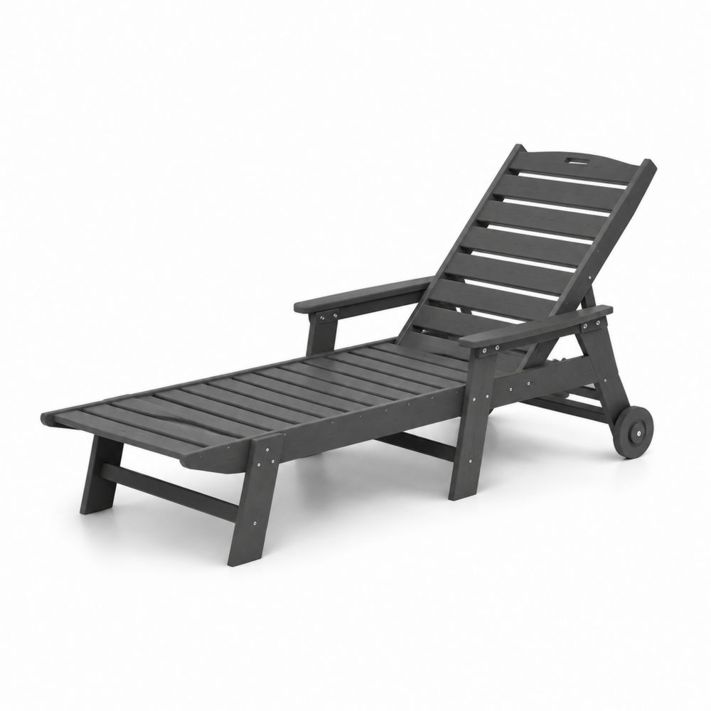 Chaise longue de jardin en bois noir avec dossier réglable et roues