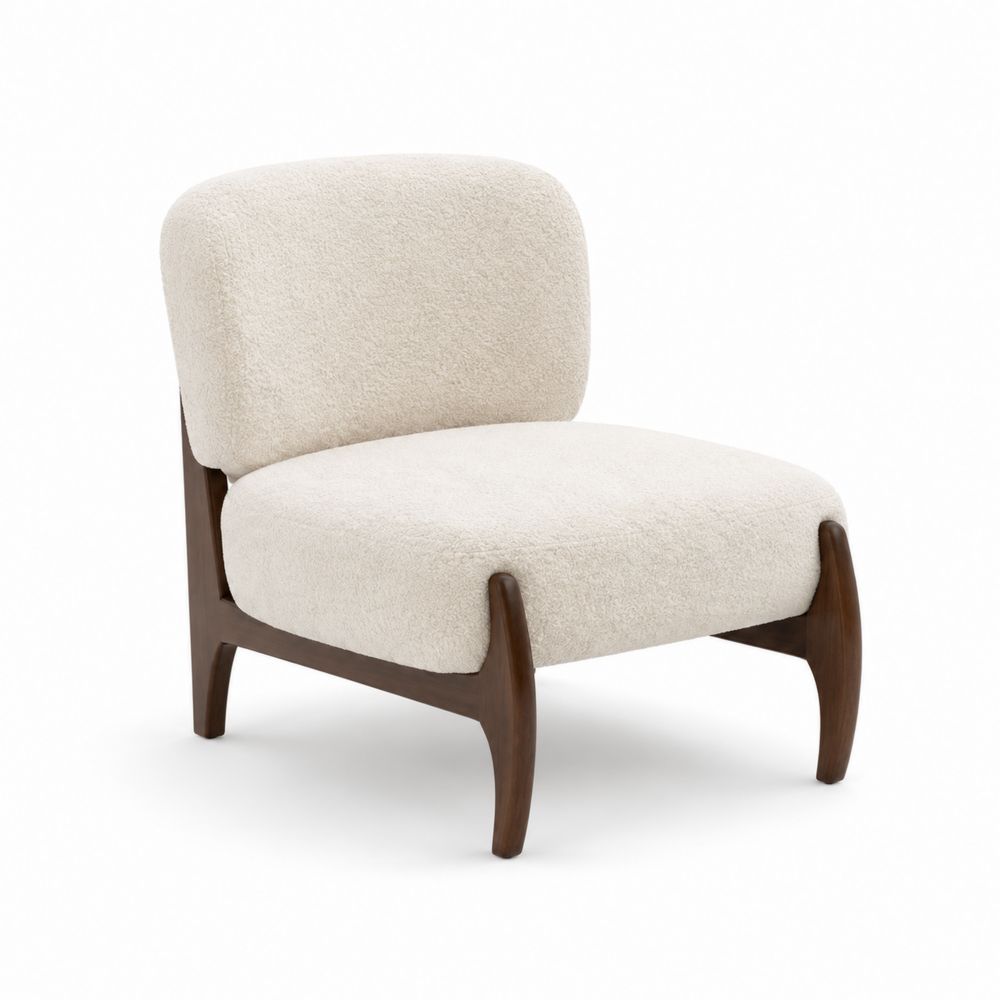 Chaise de salon en bois avec revêtement en tissu bouclé crème