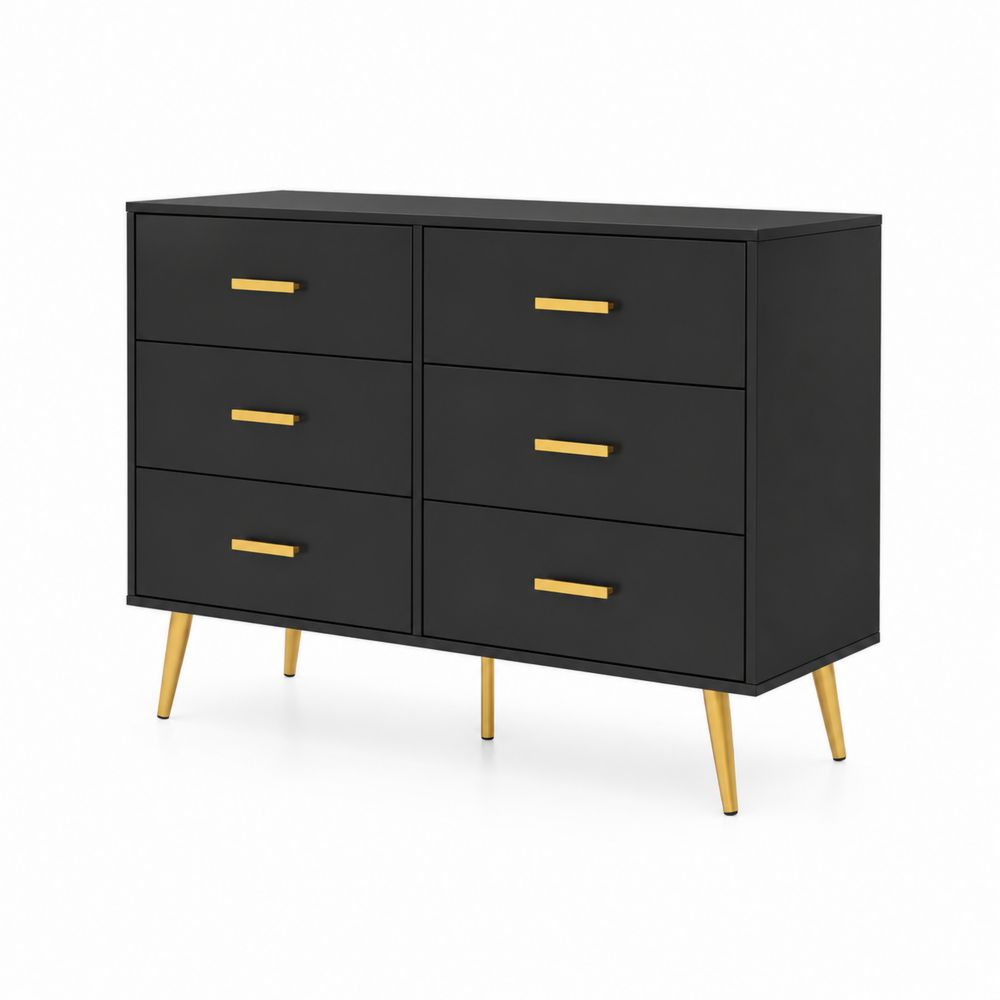 Commode 6 tiroirs en MDF et acier Noir et Or