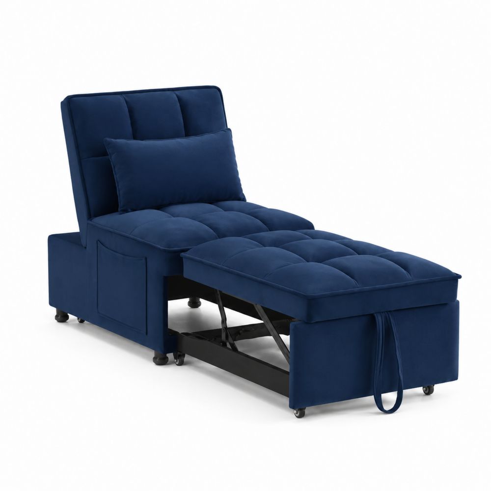 Canapé-lit simple en velours bleu avec repose-pieds