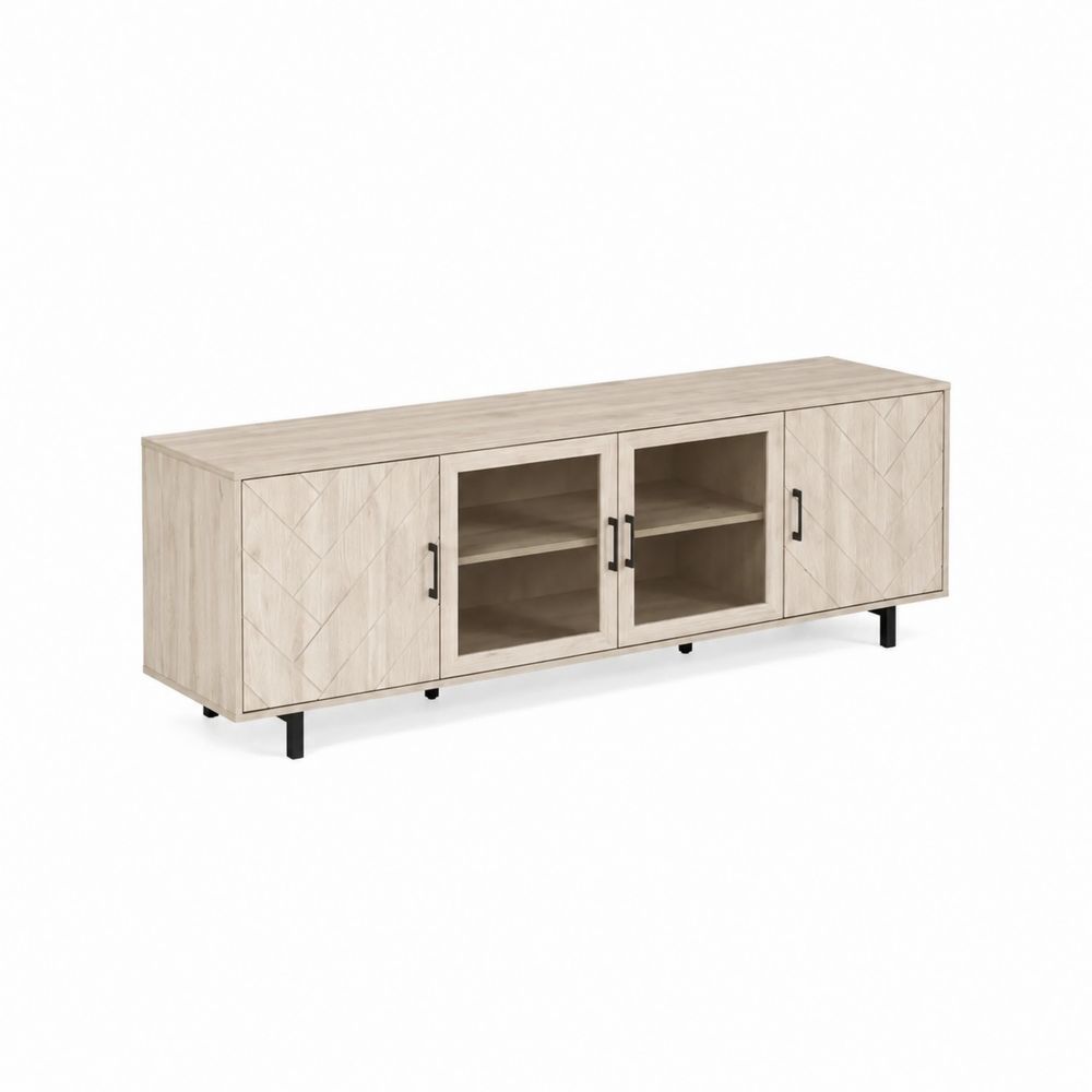 Meuble TV en bois clair avec portes en verre trempé