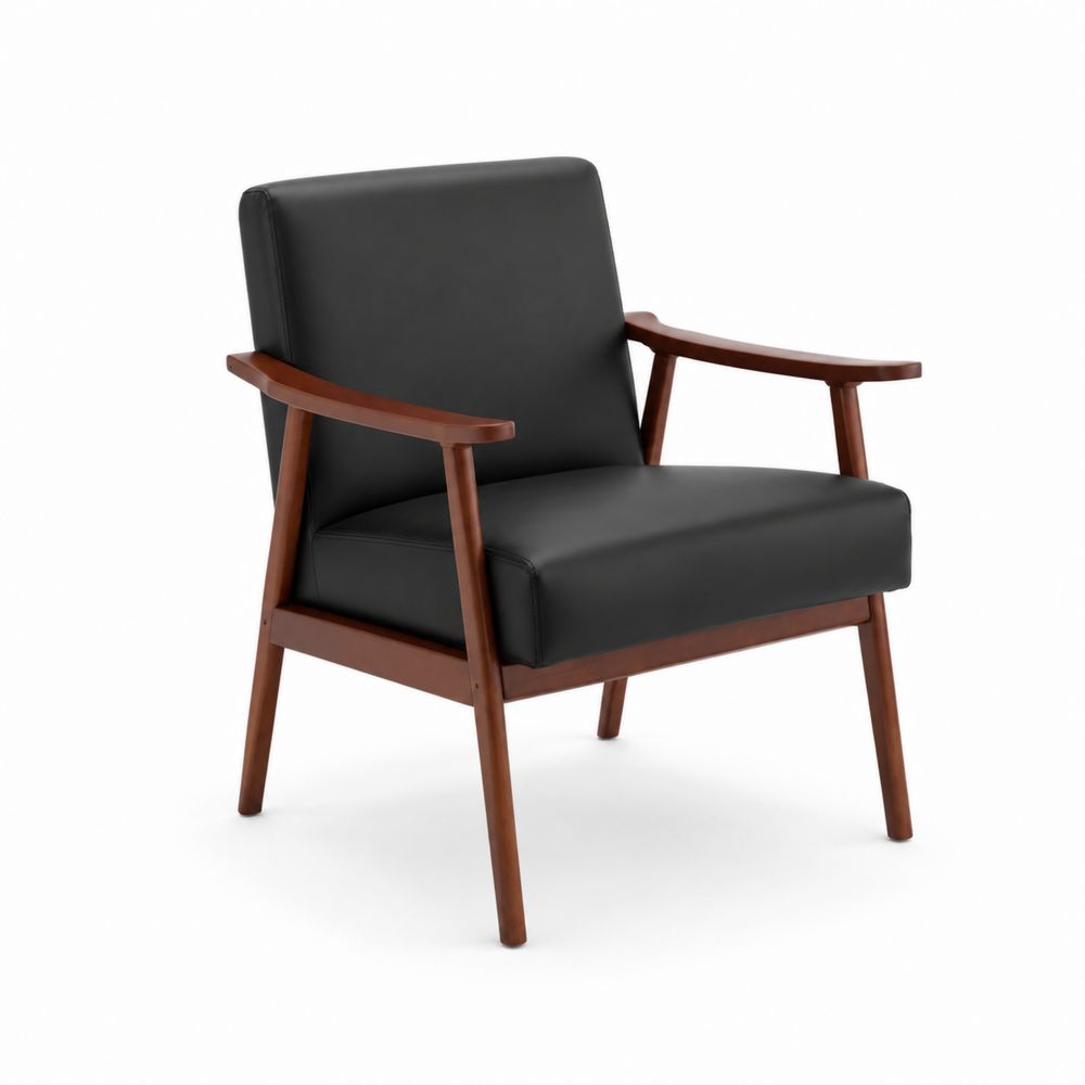 Fauteuil en bois avec assise en cuir synthétique noir