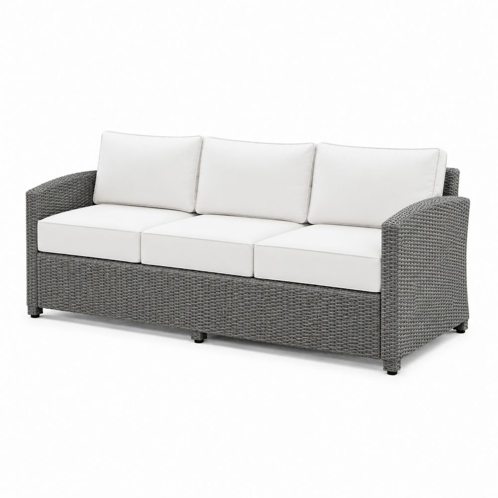 Canapé d'extérieur en rotin synthétique gris avec coussins en polyester blanc